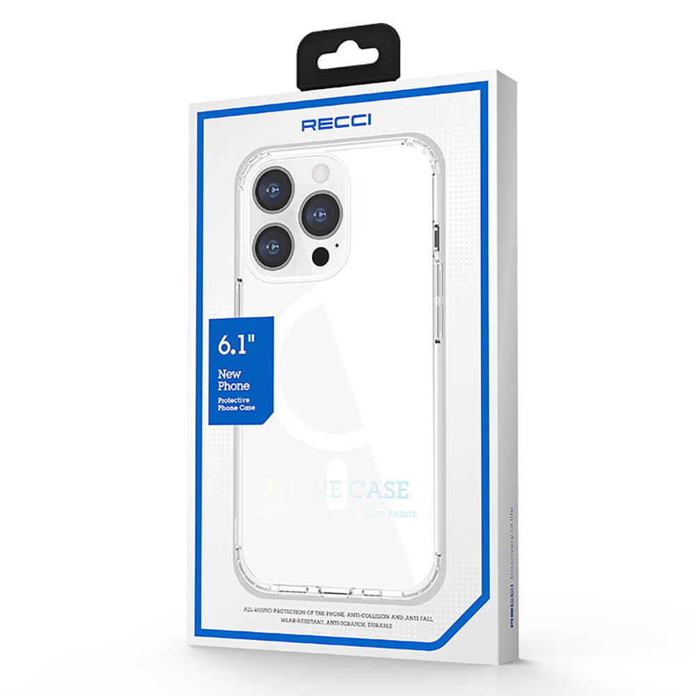 Apple iPhone 13 Kılıf M-safe Şarj Özellikli Airbagli Şeffaf PC Arka Yüzey Recci Magnetik Suction Serisi Kapak Şeffaf