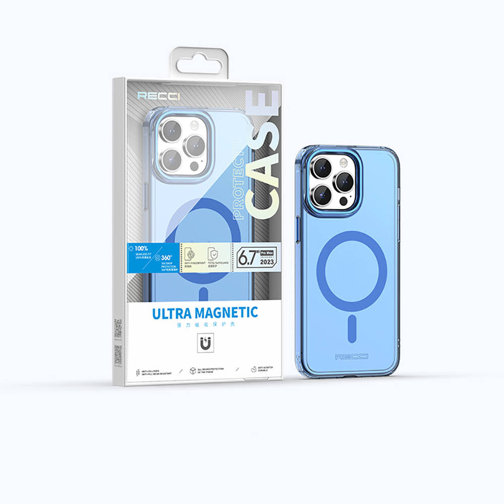 Apple iPhone 15 Pro Kılıf M-safe Şarj Özellikli Saydam Arka Yüzey Recci Crystal Color Serisi Kapak Mavi