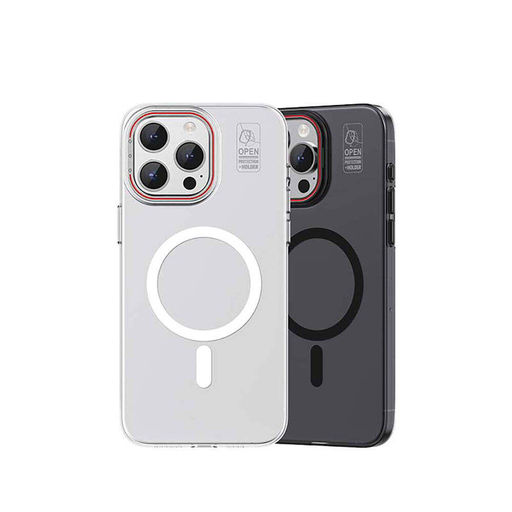 Apple iPhone 15 Pro Kılıf M-safe Şarj Özellikli Standlı Metal Kamera Çerçeveli Mat Recci Glaze Serisi Kapak Beyaz