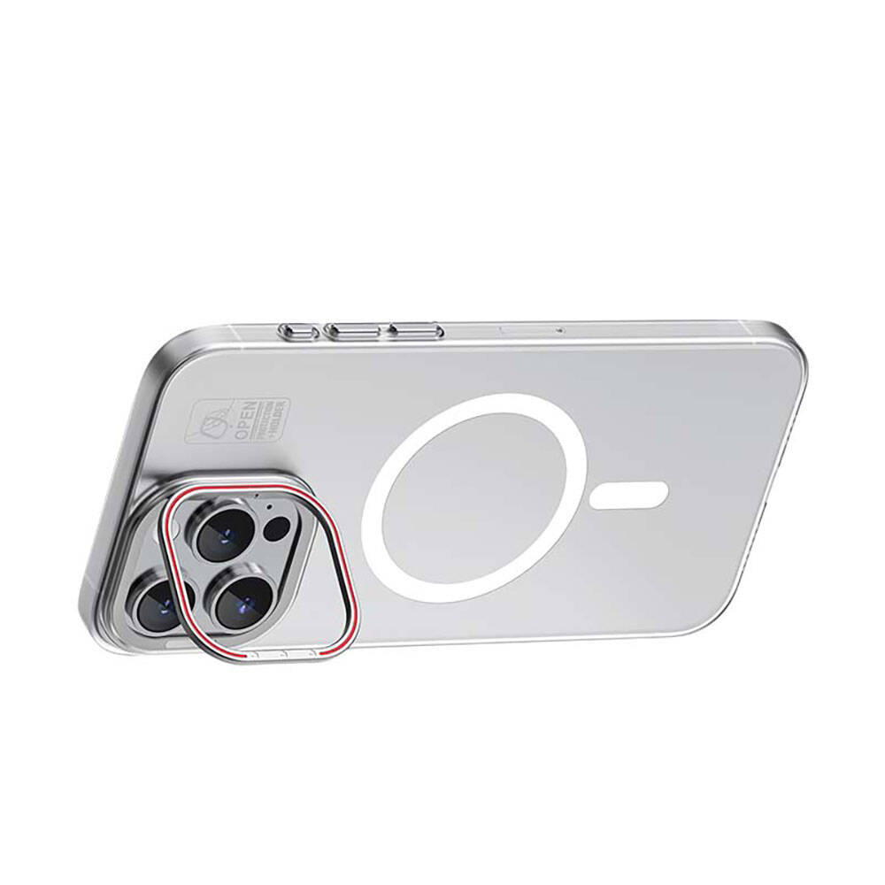 Apple iPhone 15 Pro Kılıf M-safe Şarj Özellikli Standlı Metal Kamera Çerçeveli Mat Recci Glaze Serisi Kapak Beyaz