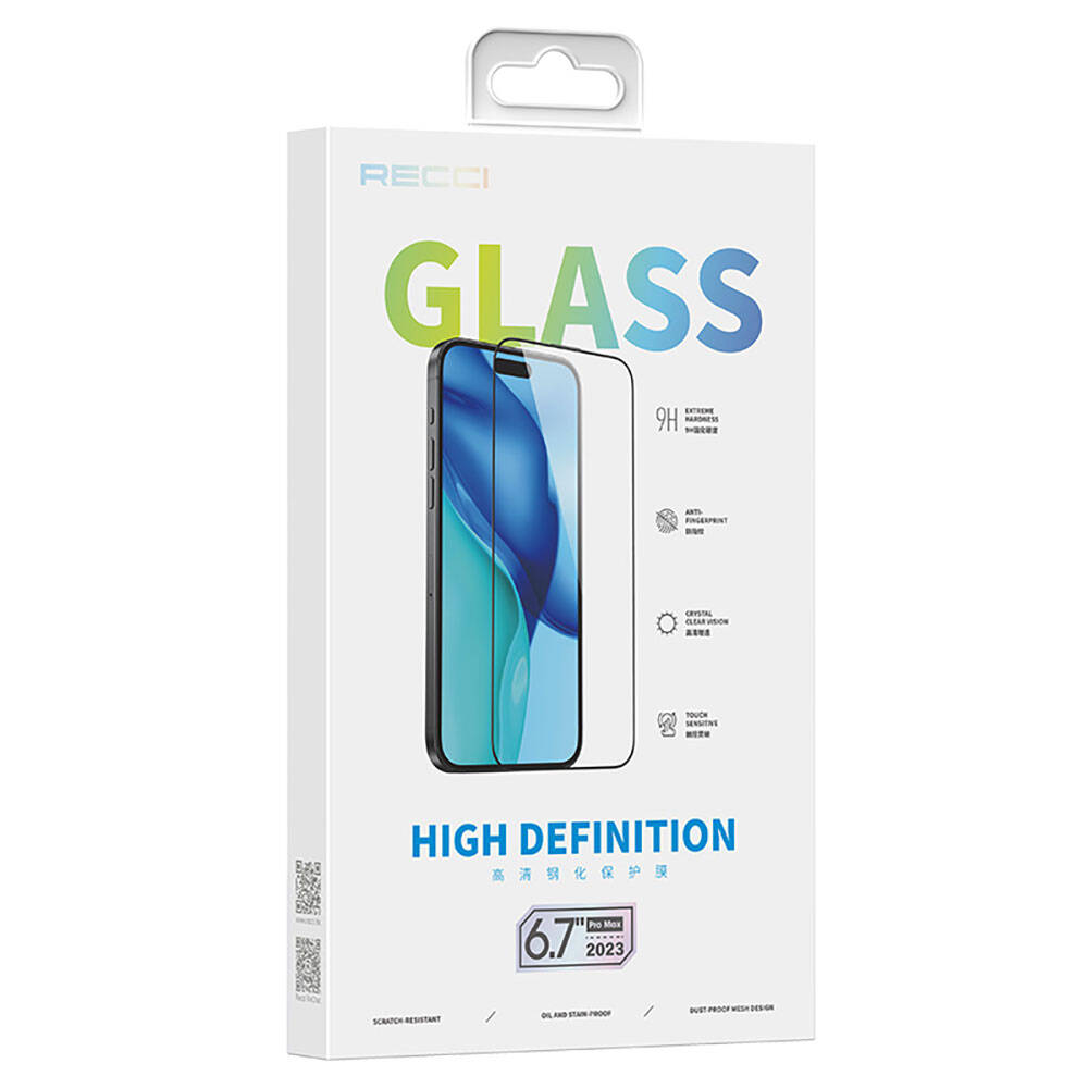 Apple iPhone 15 Pro Max Recci RSP-A23HD Full Transparan Temperli Cam Ekran Koruyucu Siyah