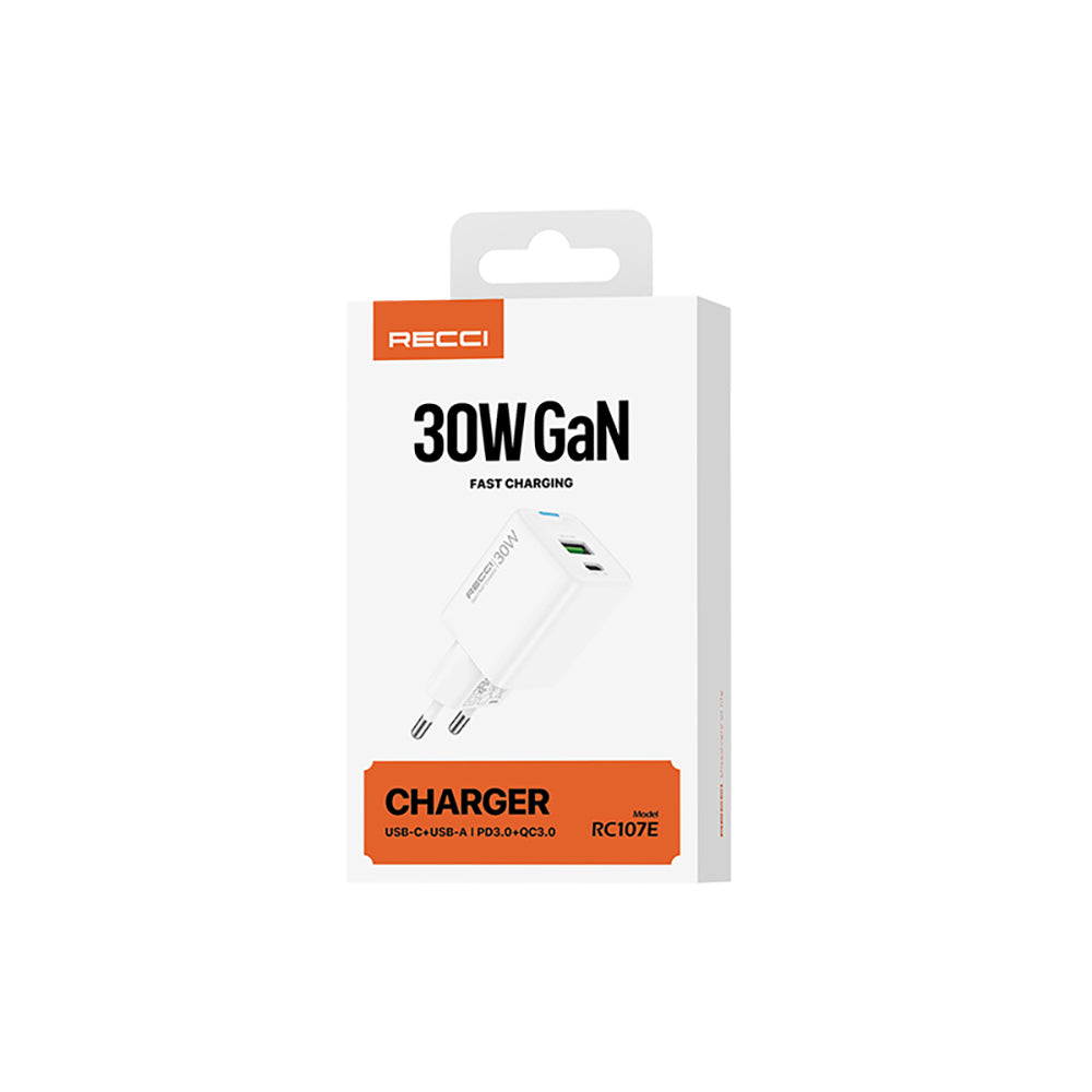 Recci RC107E Type-C PD & USB-A GaN Teknolojili Hızlı Şarj Başlığı 30W Beyaz