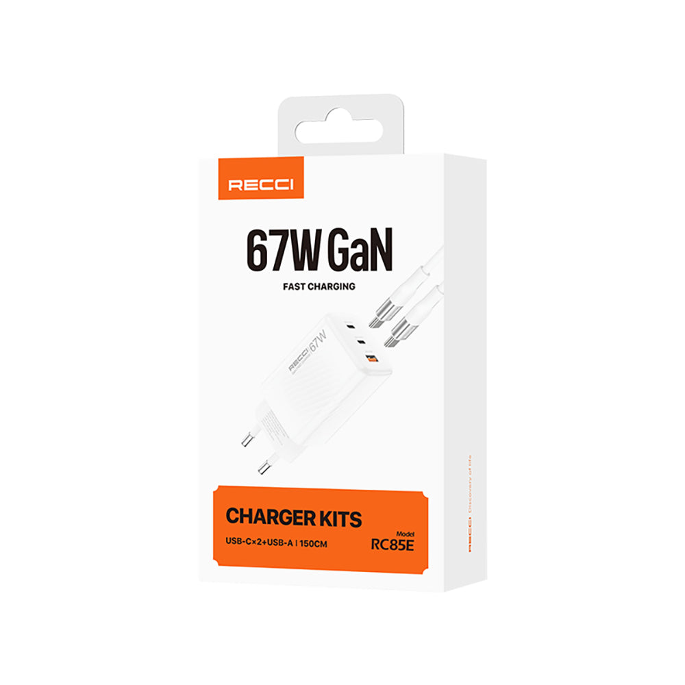 Recci RC85E GaN Teknolojili Hızlı Şarj Başlığı USB-A to Type-C PD 67W Kablolu Şarj Seti Beyaz