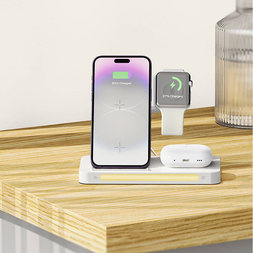 Recci RCW-31 4in1 M-safe 15W Hızlı Şarj Özellikli LED Işıklı Magnetik Kablosuz Şarj Standı Beyaz