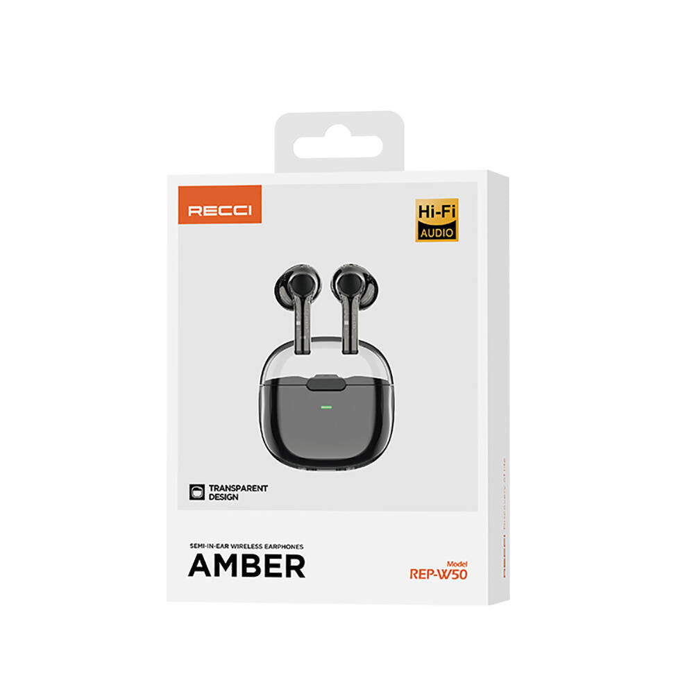 Recci REP-W50 Şeffaf Tasarım Hi-Fi Ses Kaliteli Bluetooth v5.3 Amber Serisi Kulak İçi Kulaklık Siyah