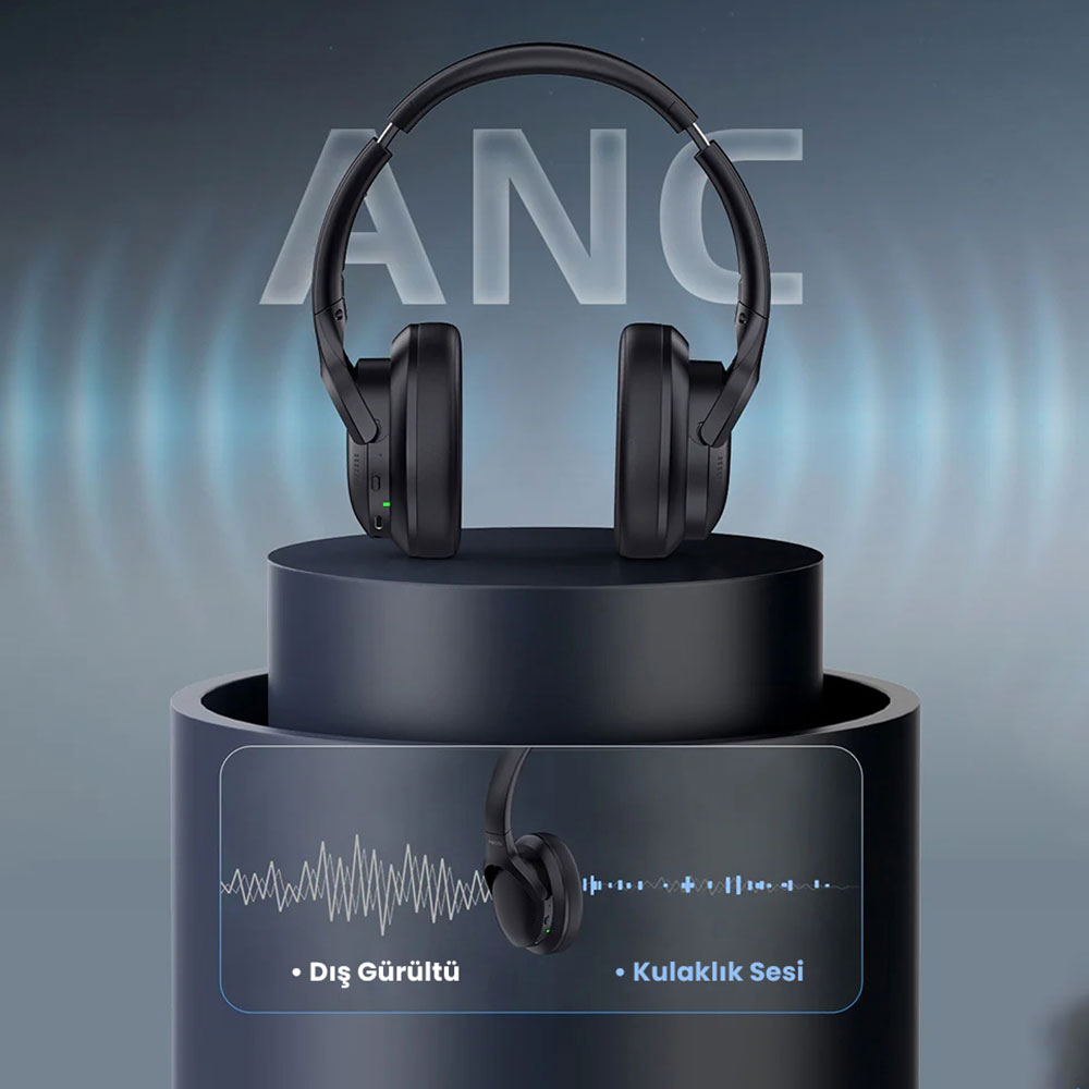 Recci REP-W59 Baron Serisi ANC Özellikli FM Destekli Ayarlanabilir Kulak Üstü Bluetooth Kulaklık Siyah