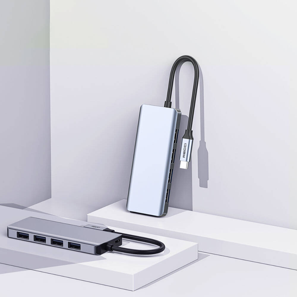 Recci RH06 Type-C to 4 USB3.0 + Micro Bağlantı Özellikli 5in1 USB Çoğaltıcı Hub Gri