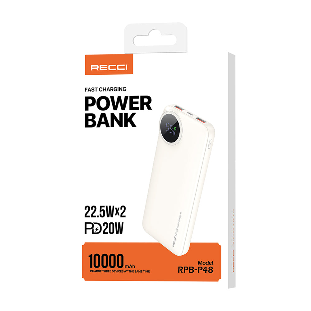 Recci RPB-P48 PD 20W Dijital LED Göstergeli Hızlı Şarj Özellikli Taşınabilir Powerbank 22.5W 10000mAh Siyah