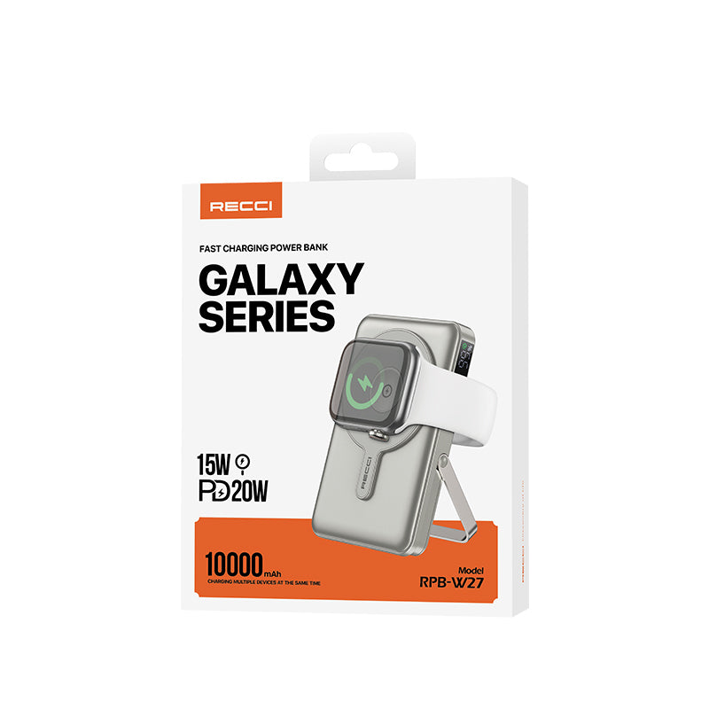 Recci RPB-W27 Galaxy Serisi Dijital LED Göstergeli Kablosuz Şarj Özellikli Type-C ve Lightning Kablolu Powerbank 20W 10.000mAh Gold