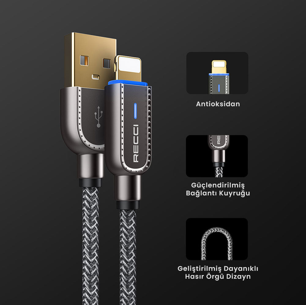 Recci RS02L Smart Power-Off Serisi Hızlı Şarj Özellikli Lightning To USB-A Kablo 1M Siyah