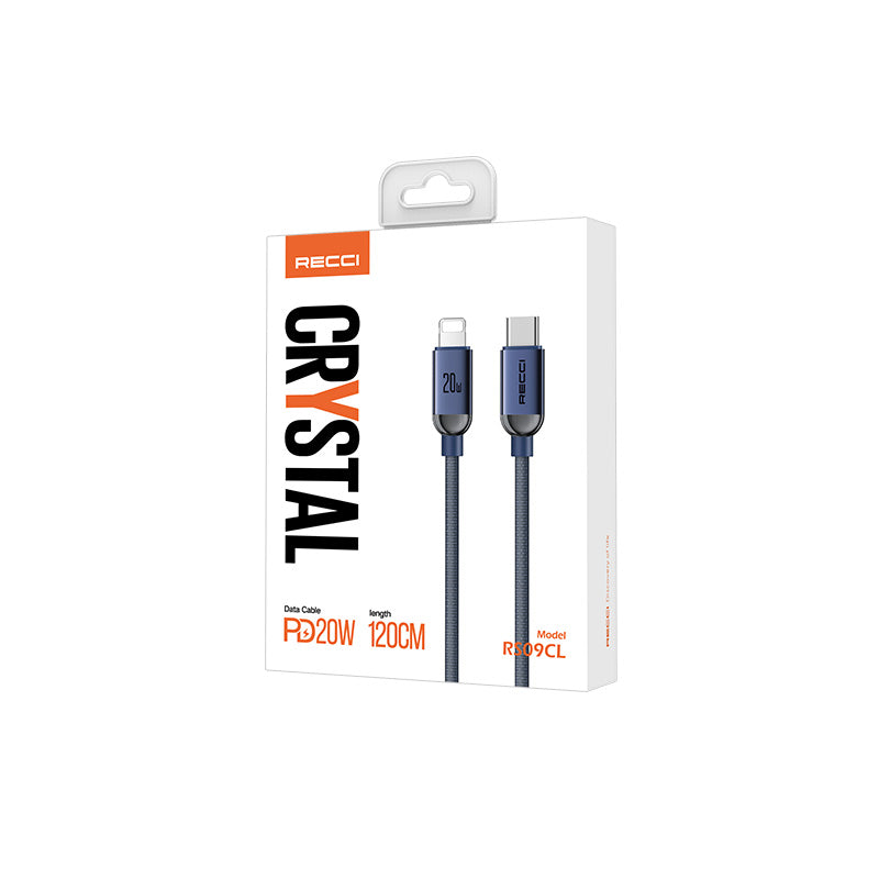 Recci RS09CL PD Crystal Serisi 30W Hızlı Şarj Özellikli Type-C To Lightning PD Kablo 1.2M Mavi