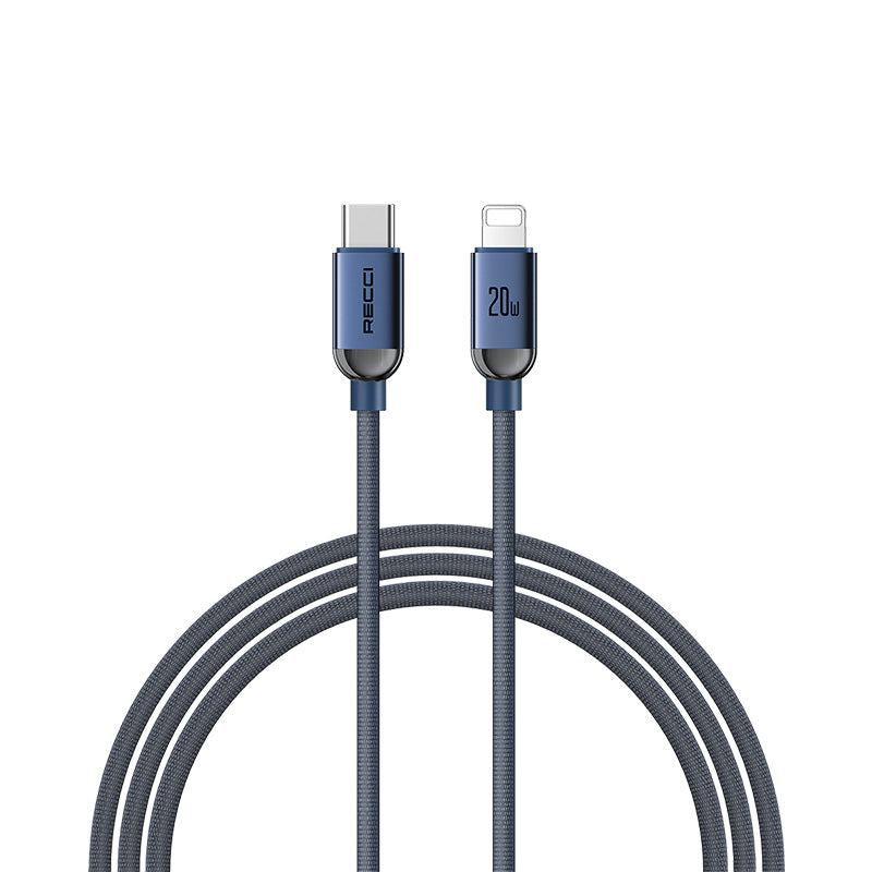 Recci RS09CL PD Crystal Serisi 30W Hızlı Şarj Özellikli Type-C To Lightning PD Kablo 1.2M Mavi
