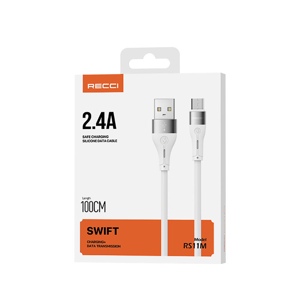 Recci RS11M Swift Serisi USB-A to Micro 2.4A Hızlı Şarj Özellikli Data ve Şarj Kablosu 1M Beyaz