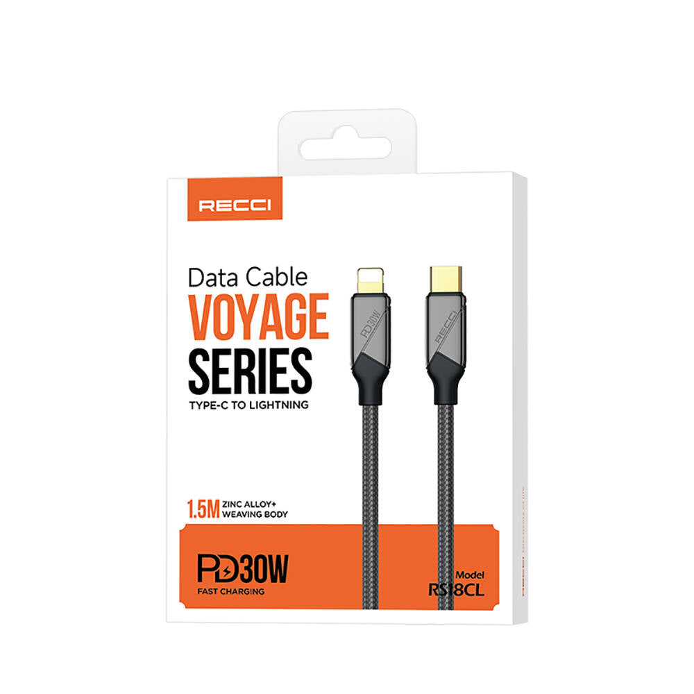 Recci RS18CL Voyage Serisi Type-C to Lightning PD 30W Hızlı Şarj Özellikli Data ve Şarj Kablosu 1.5M Siyah