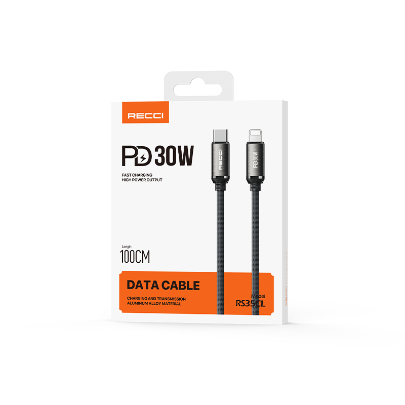 Recci RS35CL Type-C to Lightning PD 30W Örgü Tasarımlı Hızlı Şarj Özellikli Data ve Şarj Kablosu 1M Gri