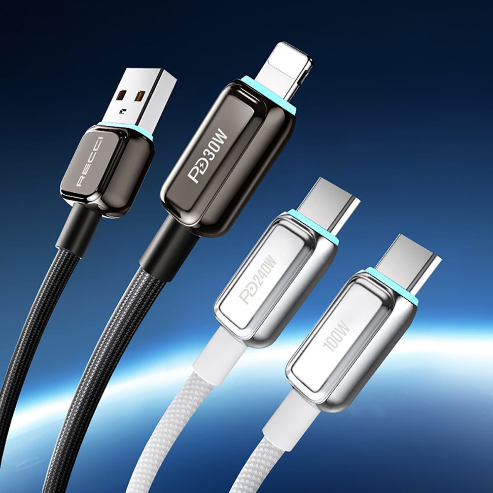 Recci RS42C Lamp Display Serisi USB-A to Type-C 100W Hızlı Şarj Özellikli Data ve Şarj Kablosu 1.5M Siyah