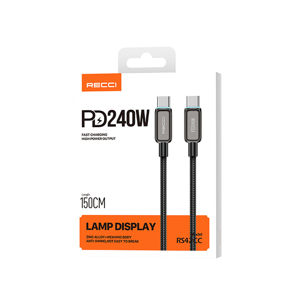 Recci RS42CC Lamp Display Serisi Type-C to Type-C PD 240W Hızlı Şarj Özellikli Data ve Şarj Kablosu 1.5M Gümüş