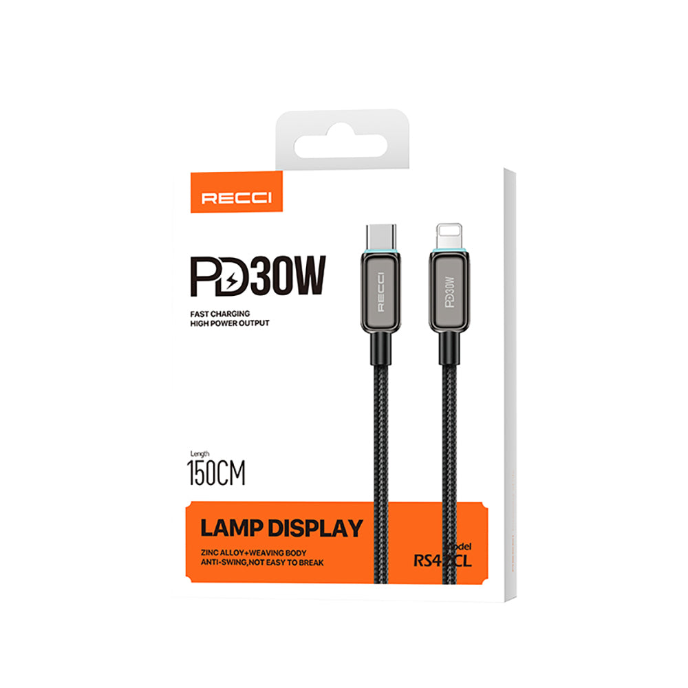 Recci RS42CL Lamp Display Serisi Type-C to Lightning PD 30W Hızlı Şarj Özellikli Data ve Şarj Kablosu 1.5M Gümüş