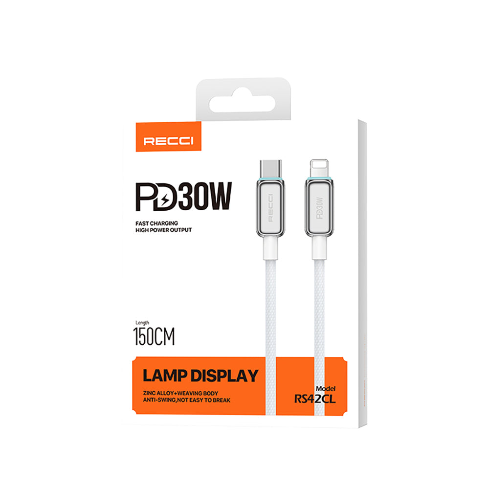 Recci RS42CL Lamp Display Serisi Type-C to Lightning PD 30W Hızlı Şarj Özellikli Data ve Şarj Kablosu 1.5M Gümüş