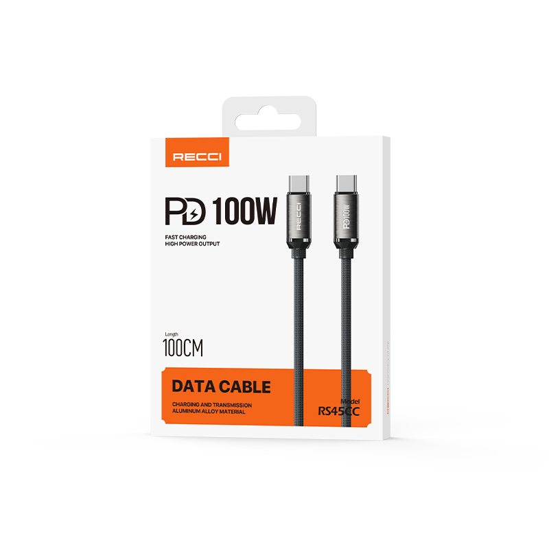 Recci RS45CC Type-C to Type-C PD 100W Örgü Tasarımlı Hızlı Şarj Özellikli Data ve Şarj Kablosu 1M Gri