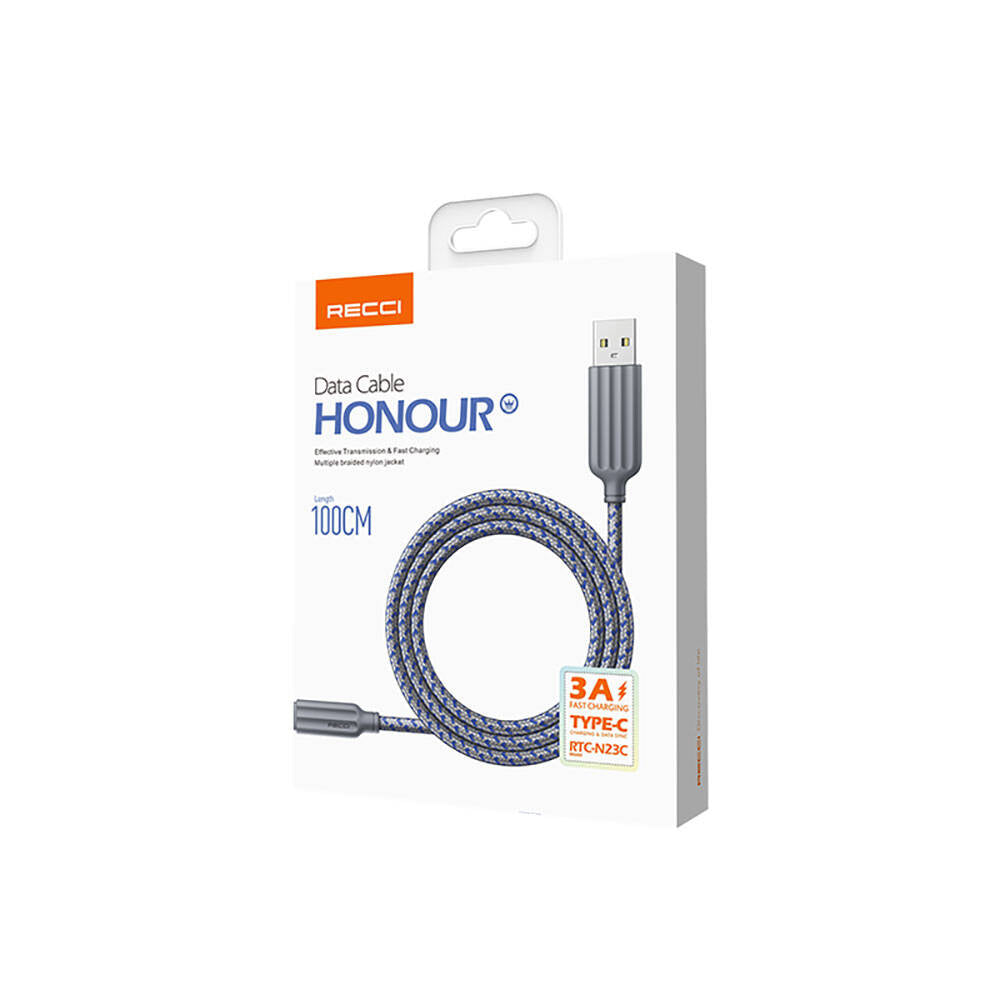Recci RTC-N23C 3A Hızlı Şarj Özellikli Type-C to USB-A Kablo 1M Gri