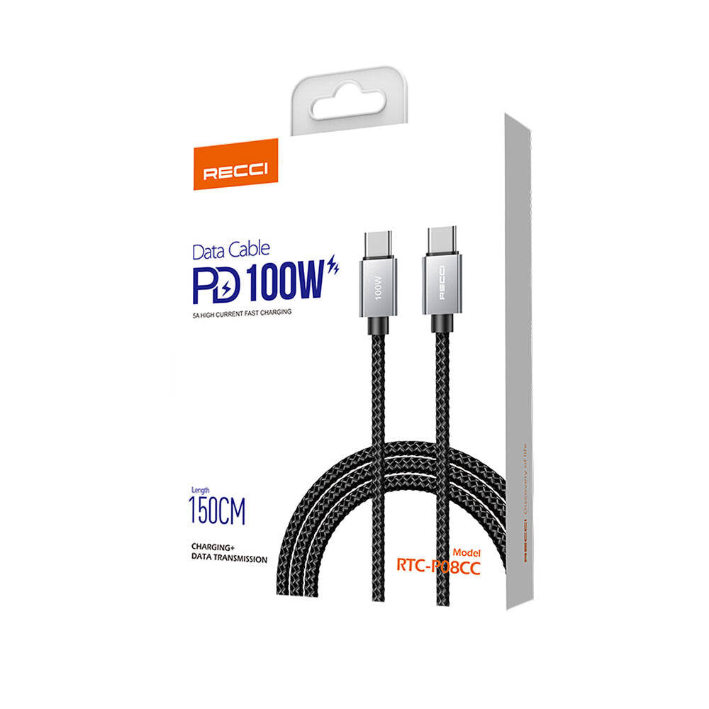 Recci RTC-P08CC Type-C to Type-C PD 100W 5A Hızlı Şarj Naylon Örgü Tasarım Şarj ve Data Kablosu 1.5M Siyah