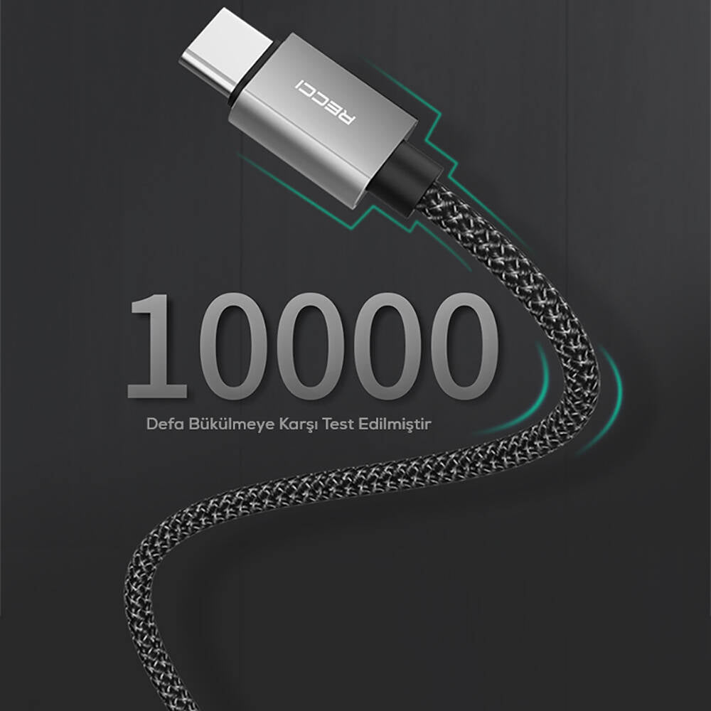 Recci RTC-P08CC Type-C to Type-C PD 100W 5A Hızlı Şarj Naylon Örgü Tasarım Şarj ve Data Kablosu 1.5M Siyah