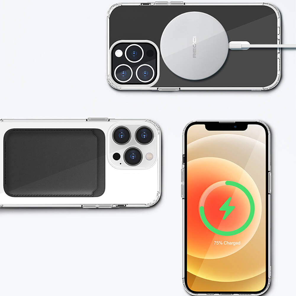 Apple iPhone 13 Kılıf M-safe Şarj Özellikli Airbagli Şeffaf PC Arka Yüzey Recci Magnetik Suction Serisi Kapak Şeffaf