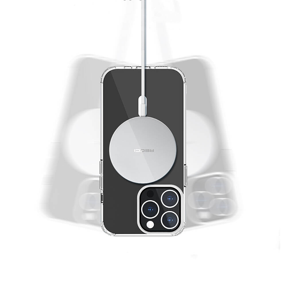 Apple iPhone 13 Kılıf M-safe Şarj Özellikli Airbagli Şeffaf PC Arka Yüzey Recci Magnetik Suction Serisi Kapak Şeffaf