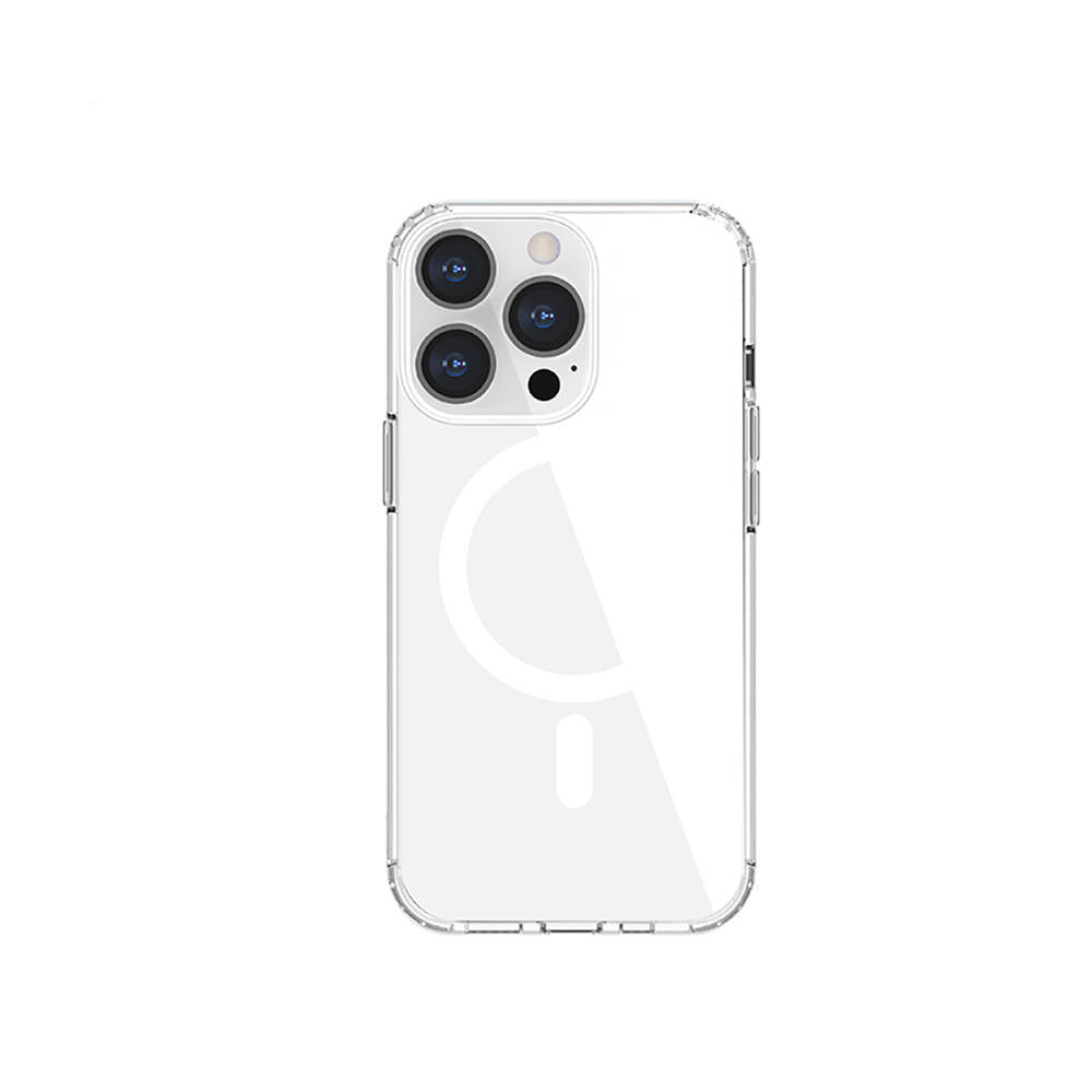 Apple iPhone 13 Kılıf M-safe Şarj Özellikli Airbagli Şeffaf PC Arka Yüzey Recci Magnetik Suction Serisi Kapak Şeffaf