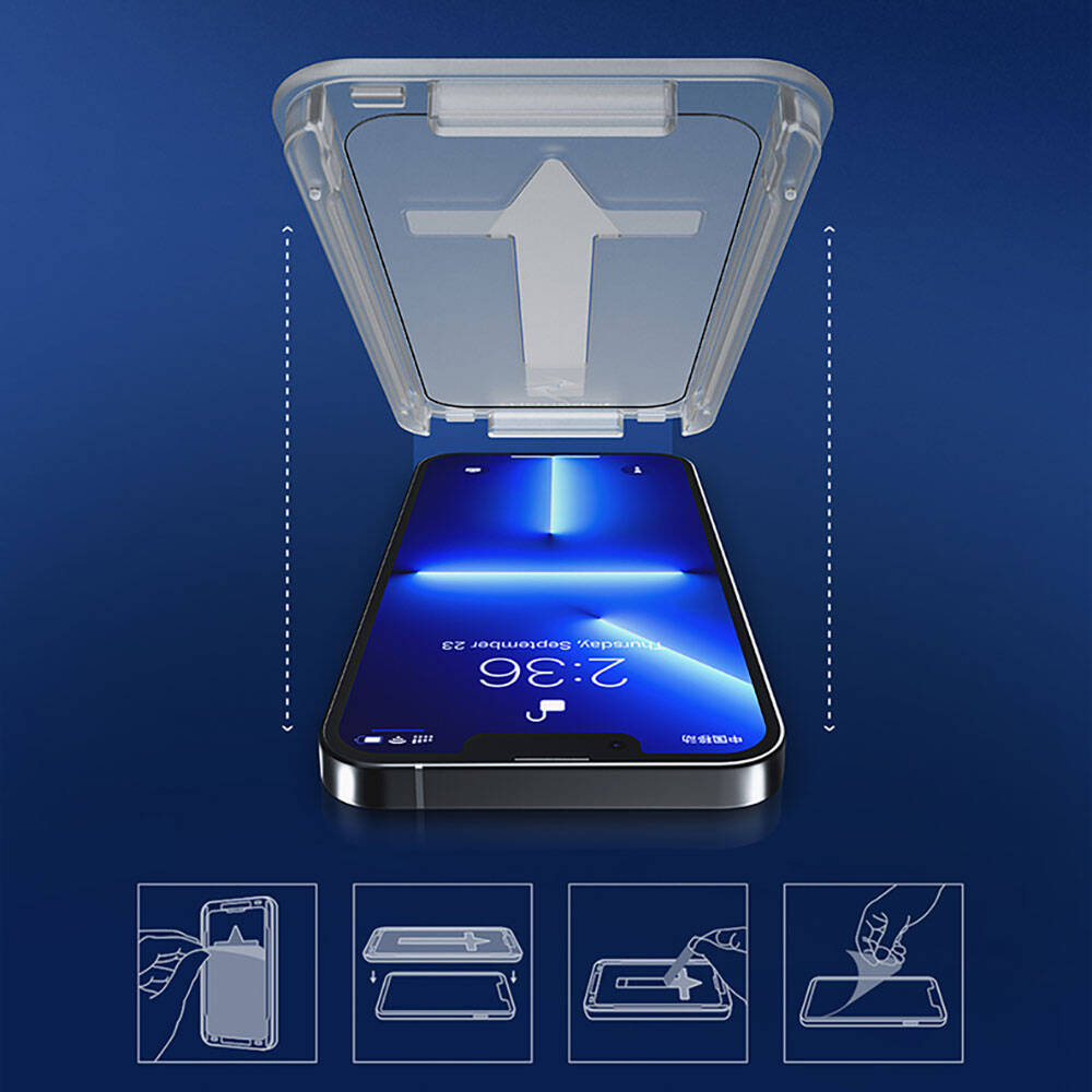 Apple iPhone 13 Pro Max Recci RSP-A11 HD Temperli Cam Ekran Koruyucu + Kolay Uygulama Aparatlı Siyah