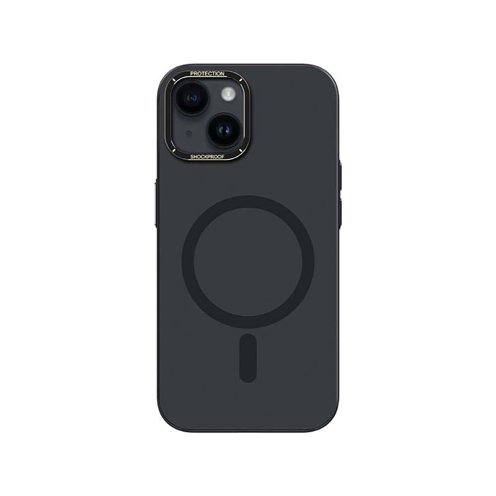 Apple iPhone 14 Kılıf M-safe Şarj Özellikli Metal Kamera Çerçeveli Recci Glaze Serisi Kapak Siyah