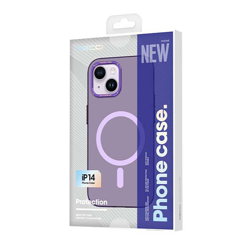 Apple iPhone 14 Kılıf M-safe Şarj Özellikli Metal Kamera Çerçeveli Recci Glaze Serisi Kapak Siyah