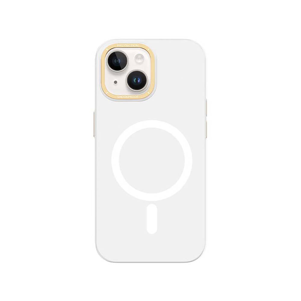 Apple iPhone 14 Kılıf M-safe Şarj Özellikli Metal Kamera Çerçeveli Recci Glaze Serisi Kapak Beyaz