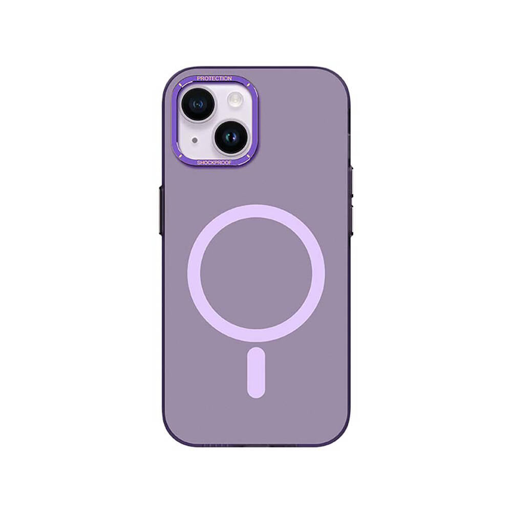 Apple iPhone 14 Kılıf M-safe Şarj Özellikli Metal Kamera Çerçeveli Recci Glaze Serisi Kapak Mor