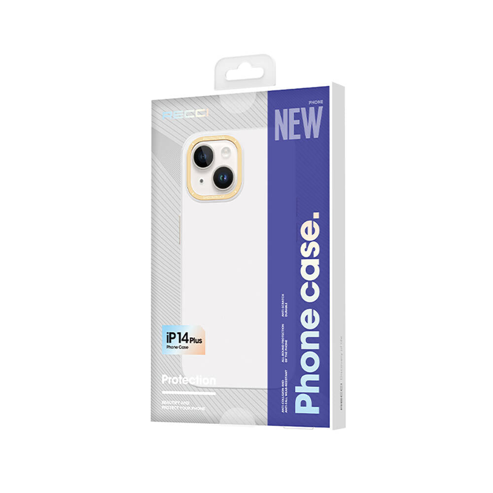 Apple iPhone 14 Kılıf Metal Kamera Çerçeveli Recci Glaze Serisi Kapak Beyaz