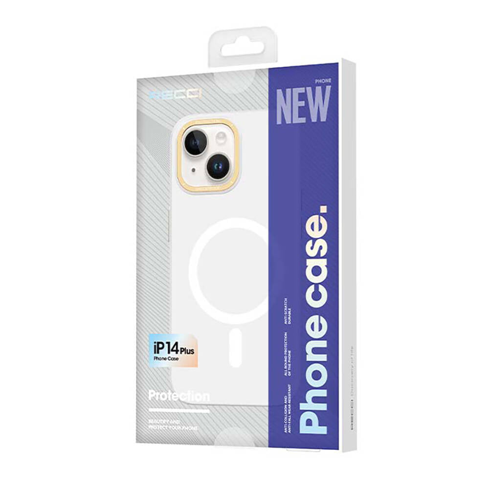 Apple iPhone 14 Plus Kılıf M-safe Şarj Özellikli Metal Kamera Çerçeveli Recci Glaze Serisi Kapak Beyaz