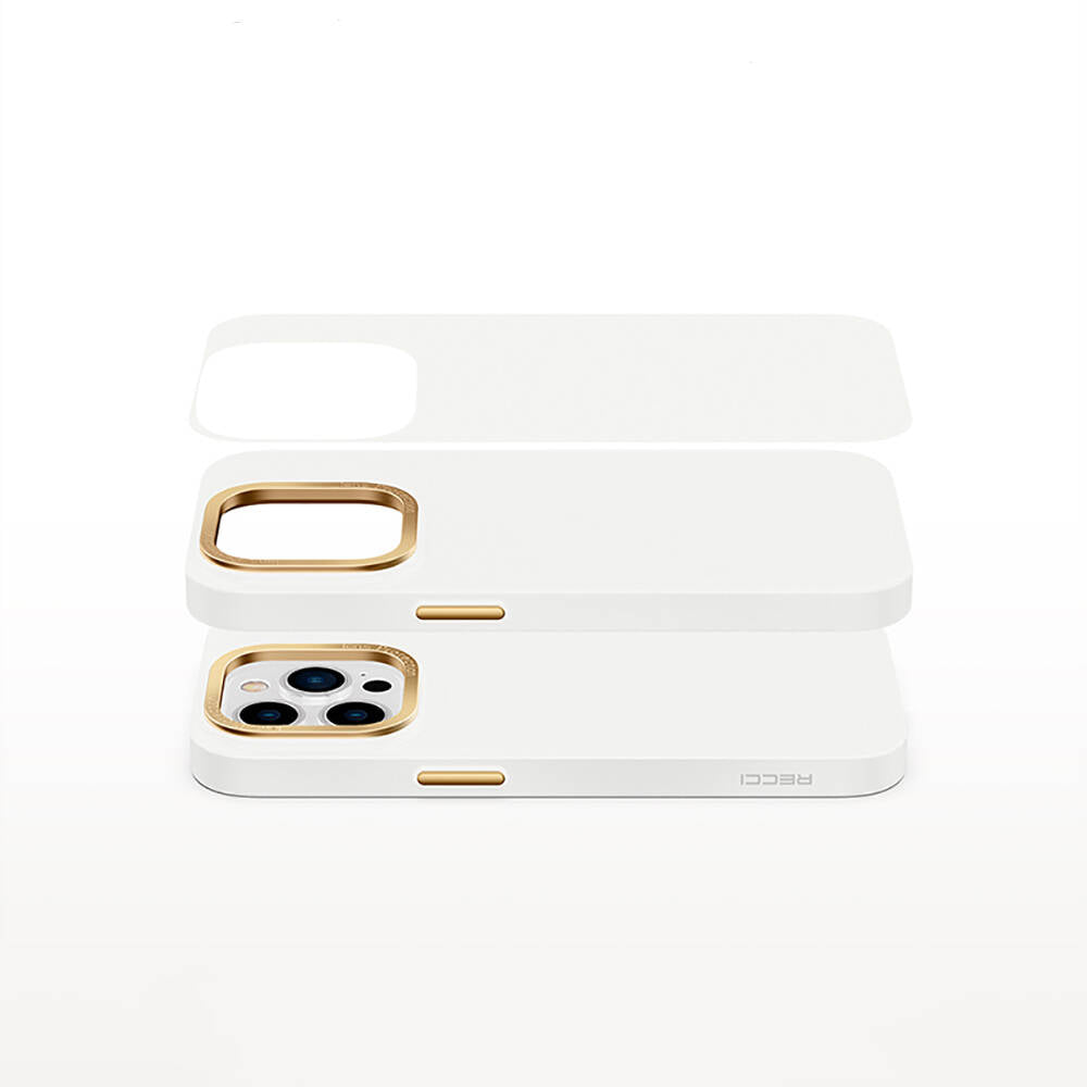 Apple iPhone 14 Plus Kılıf Metal Kamera Çerçeveli Recci Glaze Serisi Kapak Beyaz