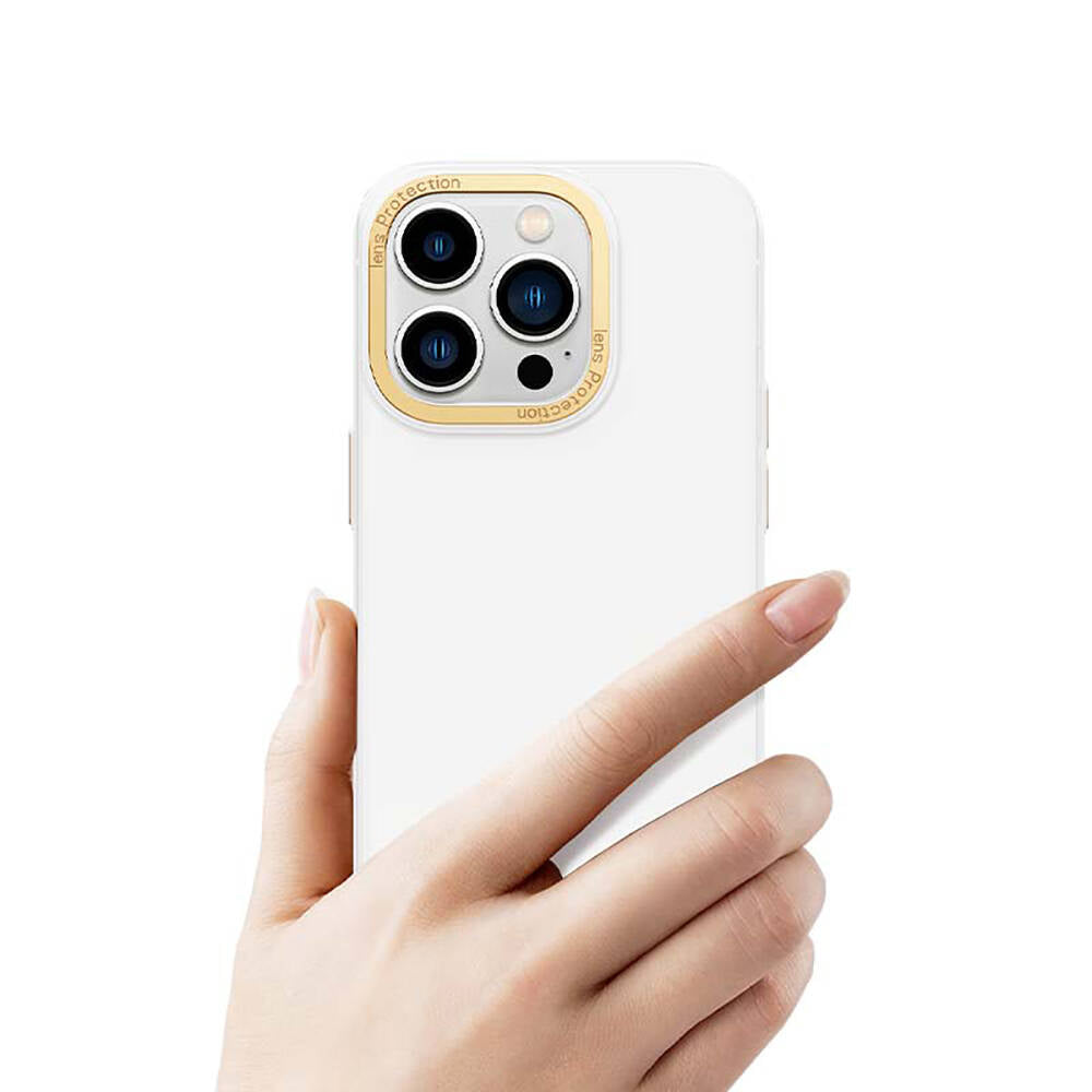 Apple iPhone 14 Pro Kılıf Metal Kamera Çerçeveli Recci Glaze Serisi Kapak Beyaz