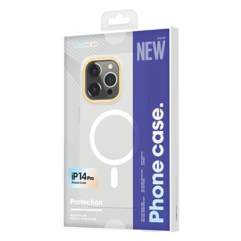 Apple iPhone 14 Pro Max Kılıf M-safe Şarj Özellikli Metal Kamera Çerçeveli Recci Glaze Serisi Kapak Beyaz