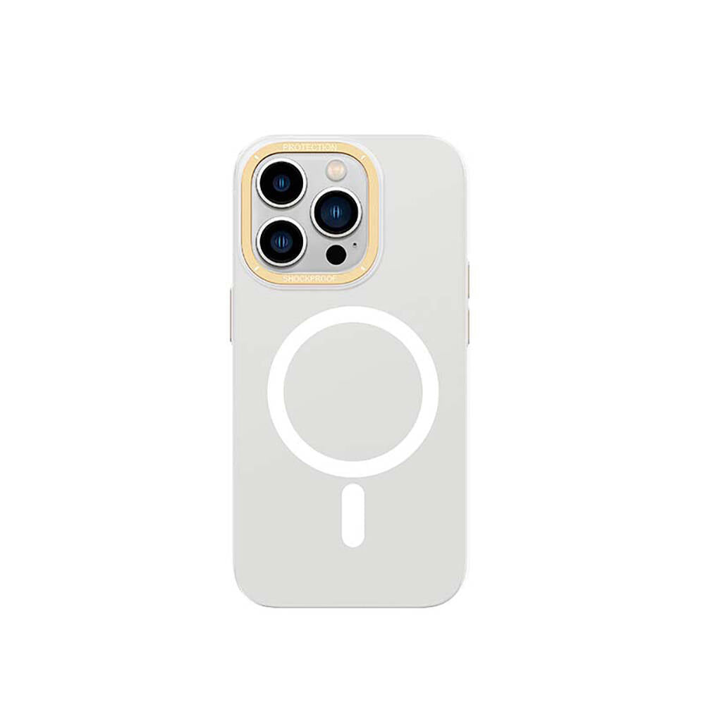 Apple iPhone 14 Pro Max Kılıf M-safe Şarj Özellikli Metal Kamera Çerçeveli Recci Glaze Serisi Kapak Beyaz