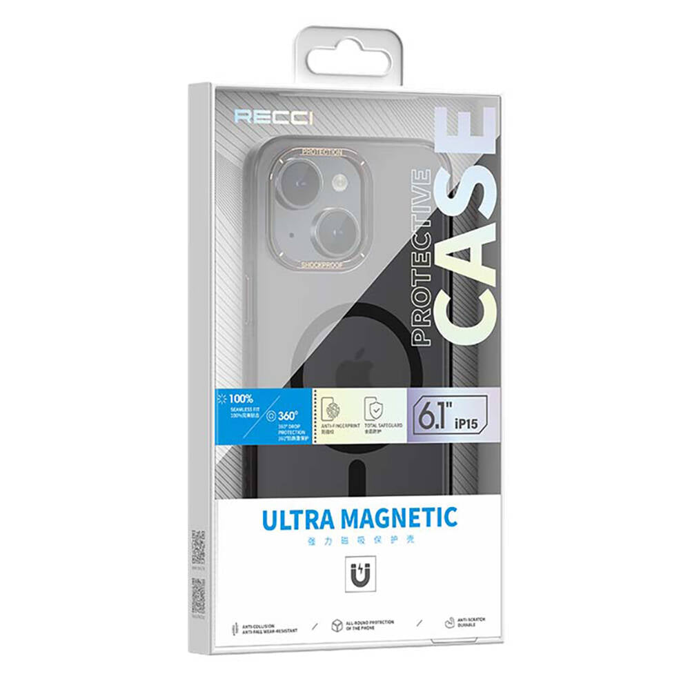 Apple iPhone 15 Kılıf M-safe Şarj Özellikli Cam Arka Yüzey Recci Michelin Serisi Kapak Siyah