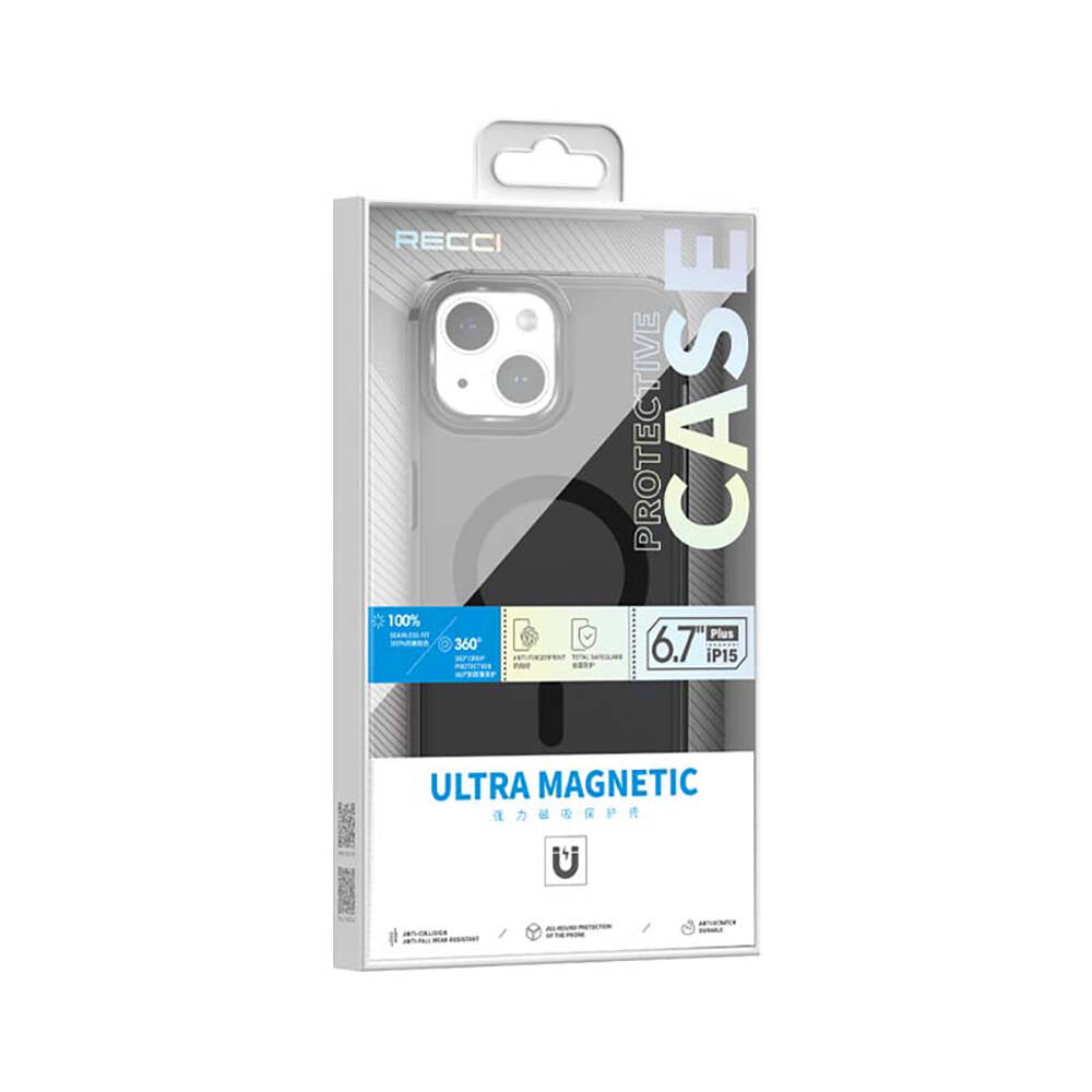 Apple iPhone 15 Plus Kılıf M-safe Şarj Özellikli Saydam Arka Yüzey Recci Crystal Color Serisi Kapak Siyah