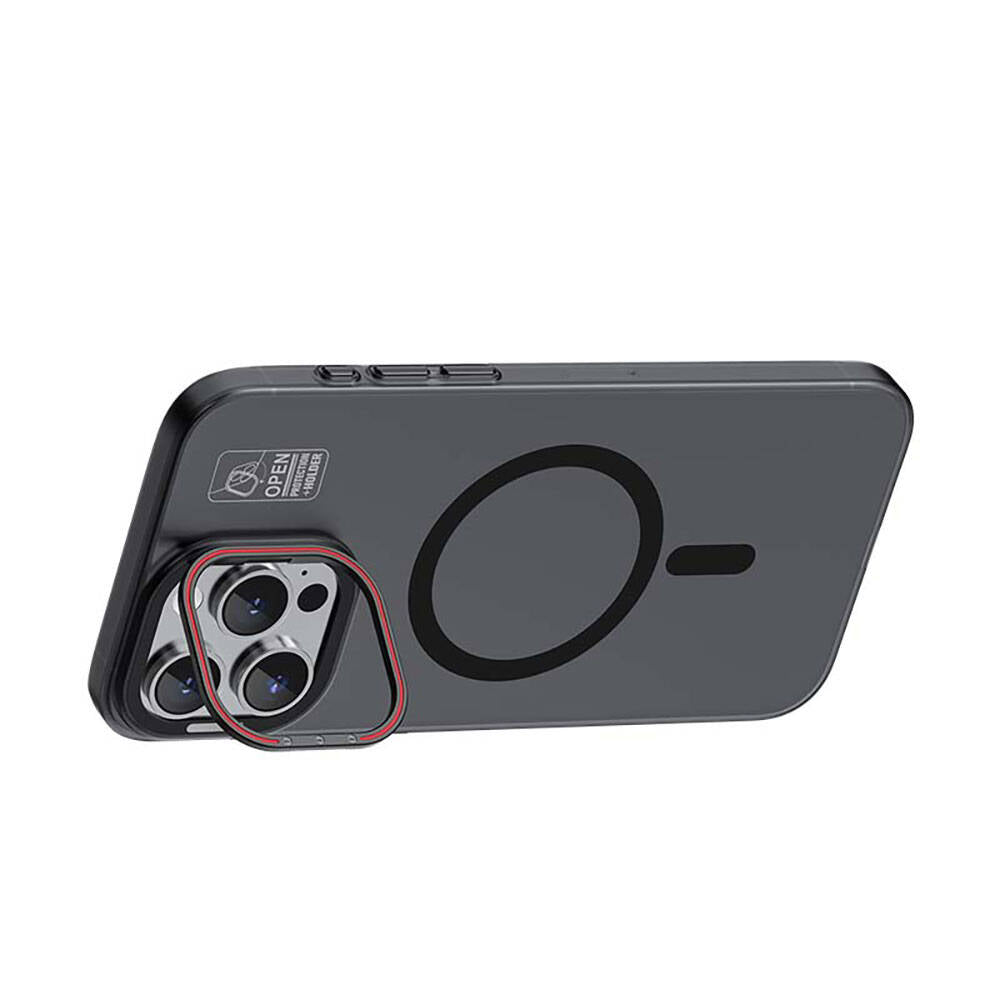 Apple iPhone 15 Plus Kılıf M-safe Şarj Özellikli Standlı Metal Kamera Çerçeveli Mat Recci Glaze Serisi Kapak Beyaz