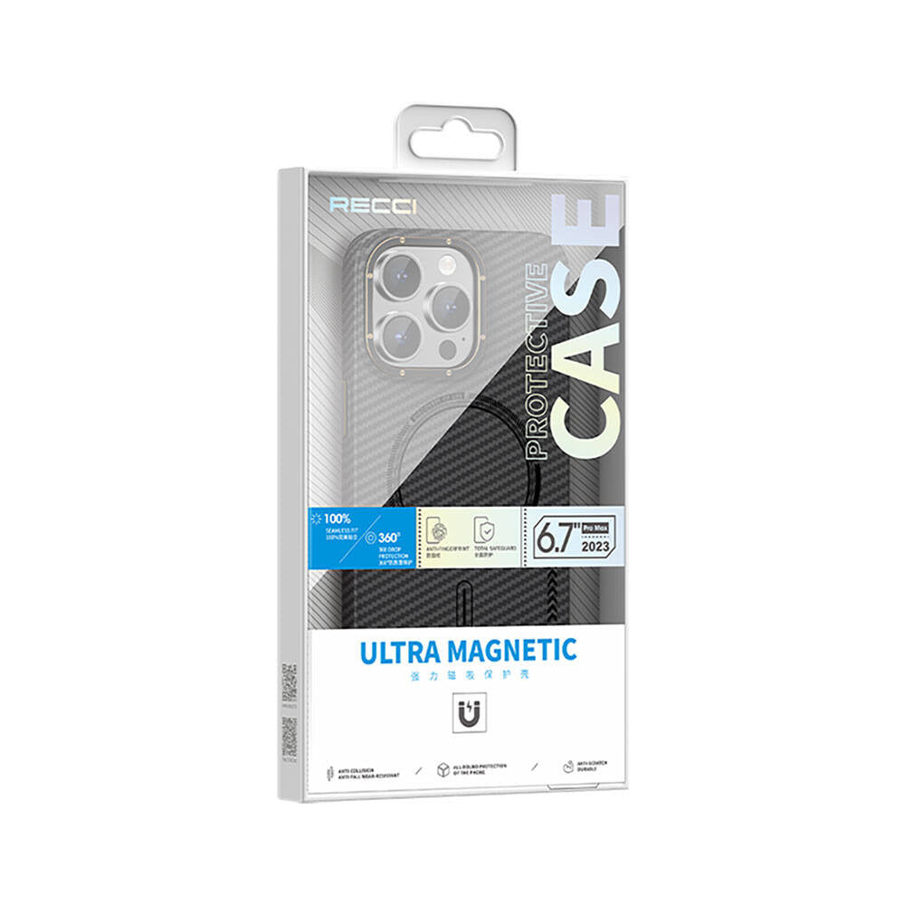 Apple iPhone 15 Plus Kılıf Recci Machinist Serisi M-safe Şarj Özellikli Magnetik Karbon Kapak Siyah