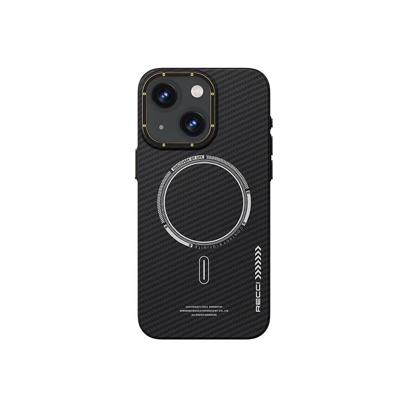 Apple iPhone 15 Plus Kılıf Recci Machinist Serisi M-safe Şarj Özellikli Magnetik Karbon Kapak Gri