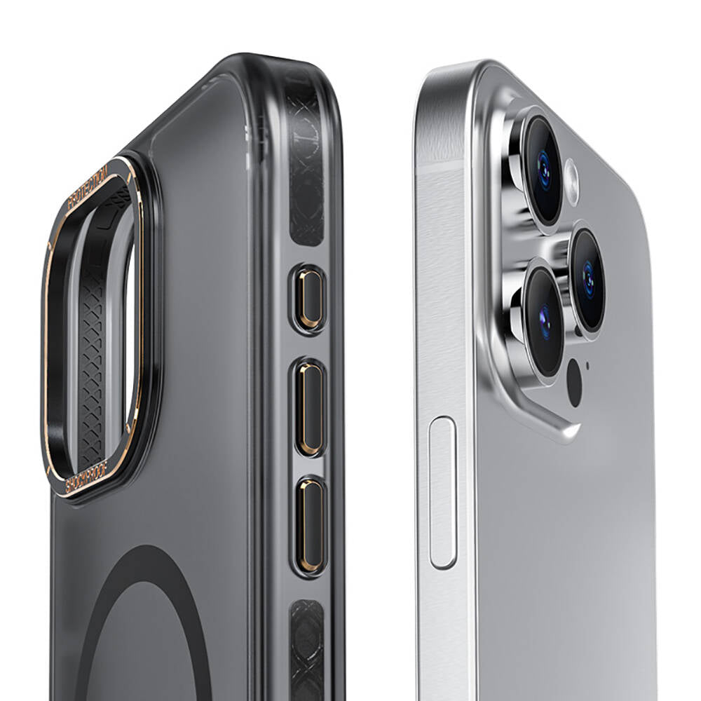 Apple iPhone 15 Pro Kılıf M-safe Şarj Özellikli Cam Arka Yüzey Recci Michelin Serisi Kapak Siyah