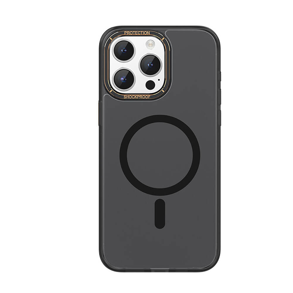 Apple iPhone 15 Pro Kılıf M-safe Şarj Özellikli Cam Arka Yüzey Recci Michelin Serisi Kapak Siyah
