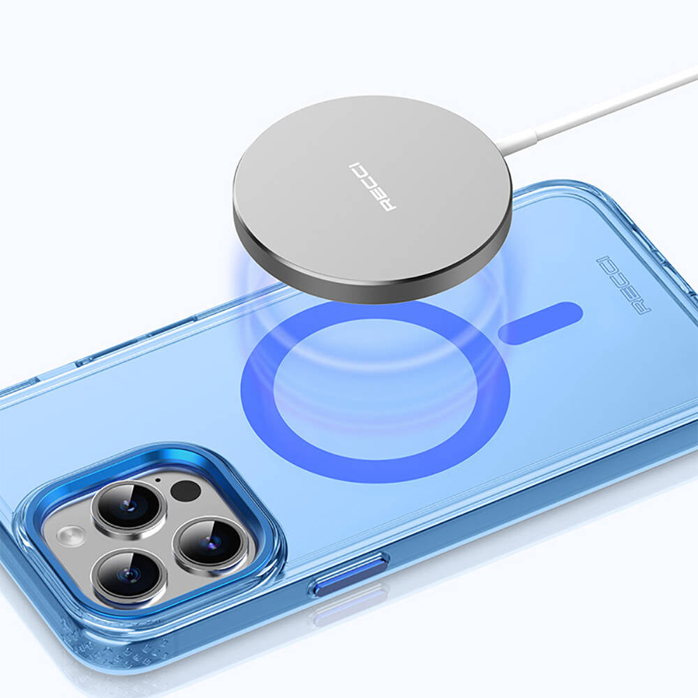Apple iPhone 15 Pro Kılıf M-safe Şarj Özellikli Saydam Arka Yüzey Recci Crystal Color Serisi Kapak Mavi