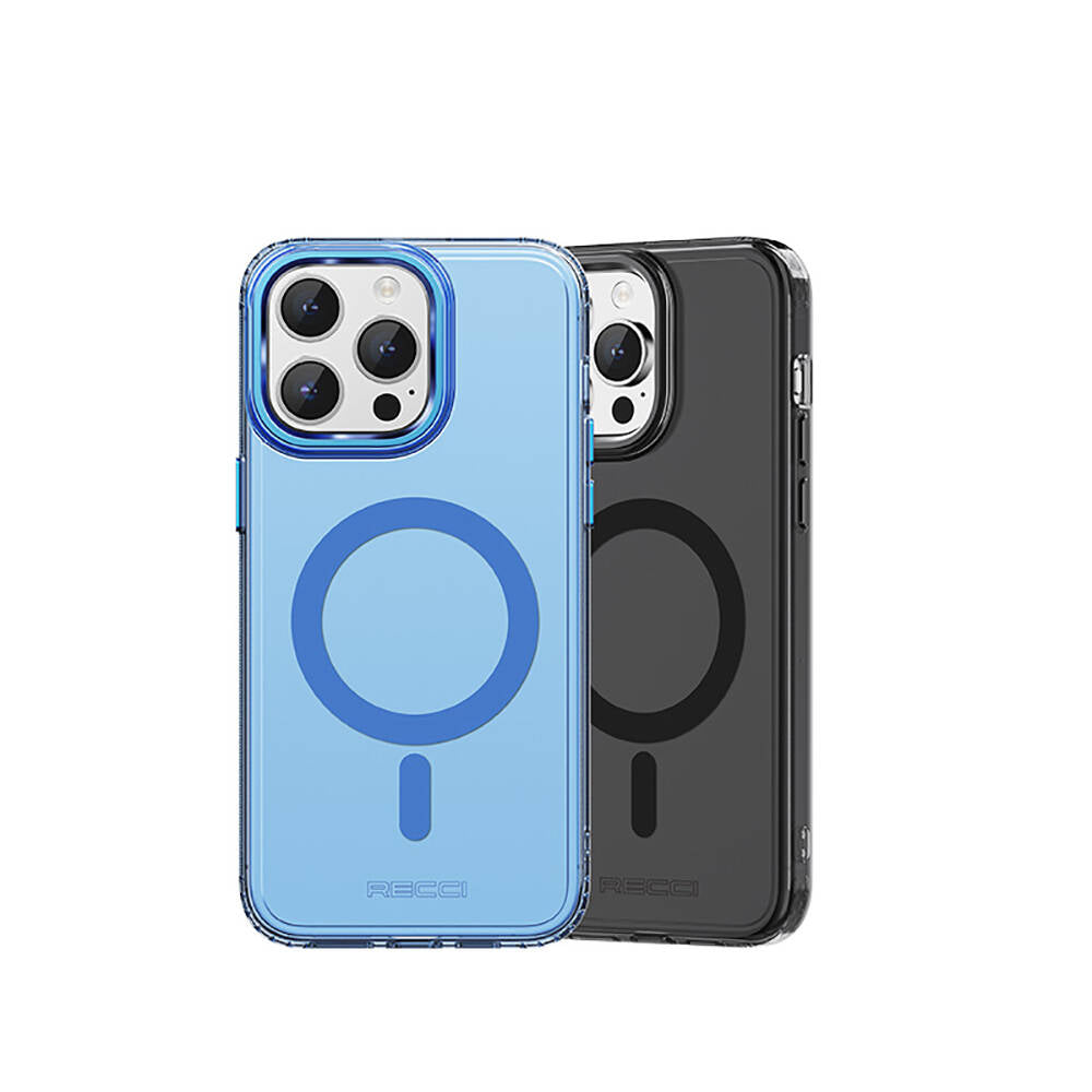 Apple iPhone 15 Pro Kılıf M-safe Şarj Özellikli Saydam Arka Yüzey Recci Crystal Color Serisi Kapak Mavi